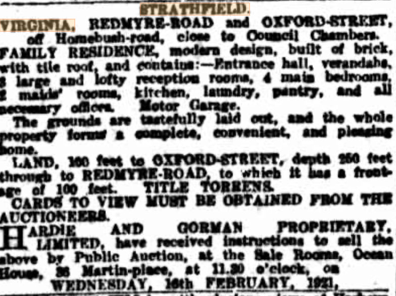 Notice of Sale of Virginia in 1921. Advertising (1921, February 2). The Sydney Morning Herald (NSW : 1842 - 1954), p. 17. Retrieved July 6, 2023, from http://nla.gov.au/nla.news-article16886591